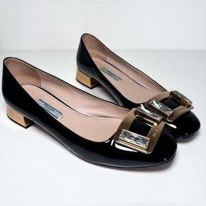 PRADA Authentic Swarovski Crystal Buckle Patent Black Leather Gold Heel Size 37